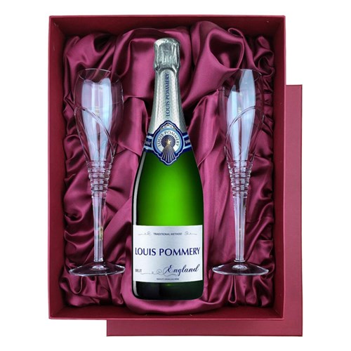 Louis Pommery Brut English Sparkling75cl in Red Luxury Presentation Set With Flutes